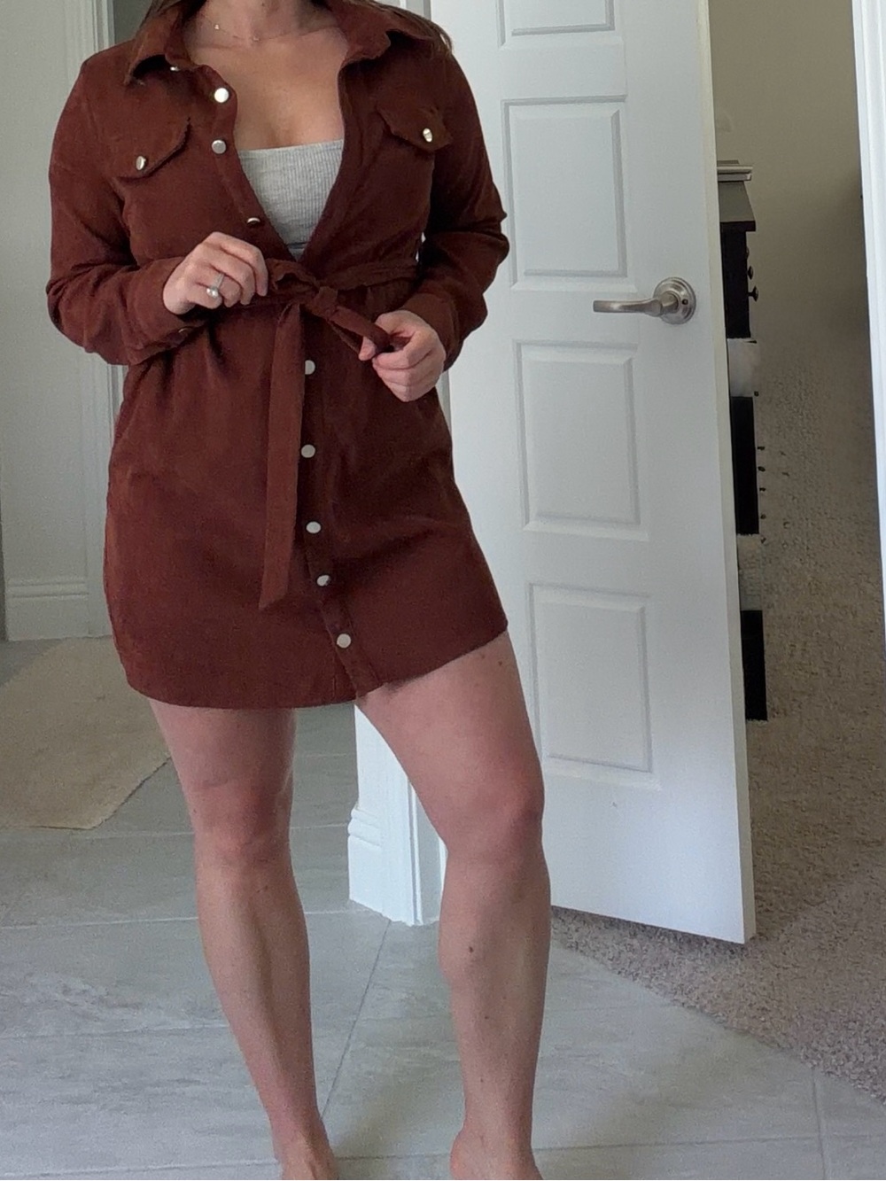 SHEIN Chocolate Brown Button-Front Tie Waist Mini Dress